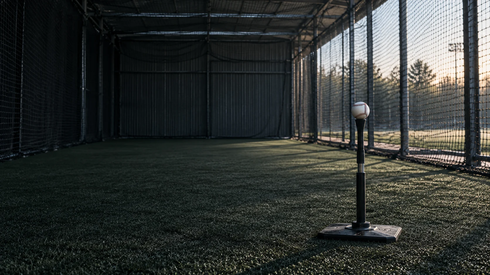 An empty batting cage and tee, used as conceptual practice imagery.