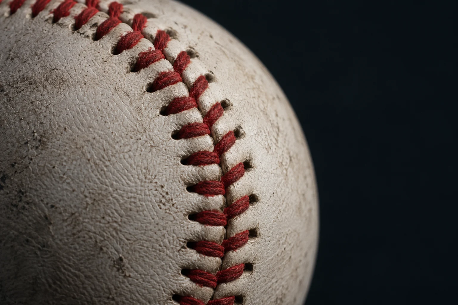 A close study of baseball leather and red stitching.